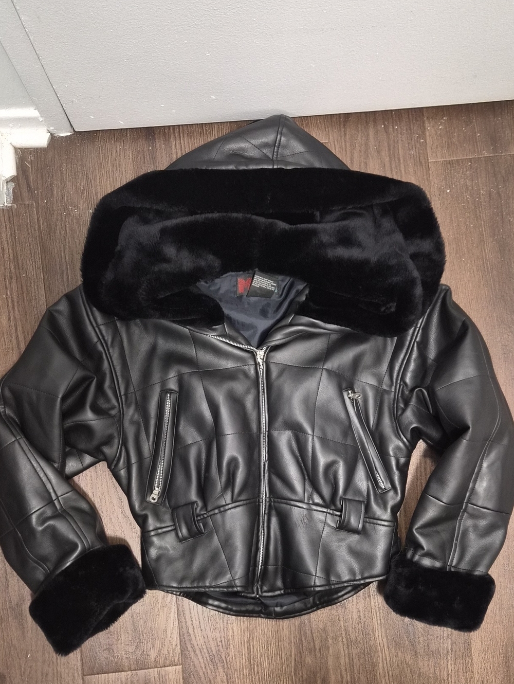 Moda Black Faux Leather Hooded Jacket with Black Faux Fur Trim